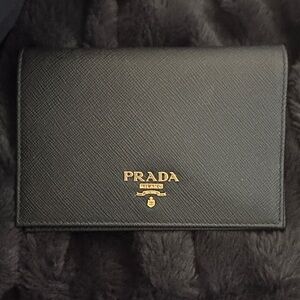 Prada Black Saffiano Leather Passport Holder with Gold Logo